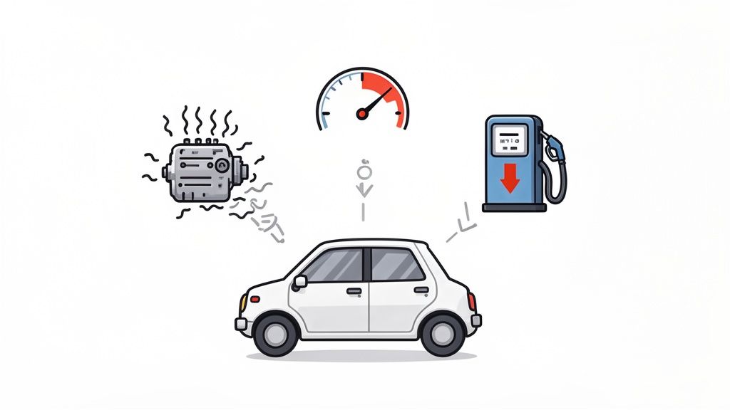Illustration showing a car, engine with emissions, fuel gauge, and gas pump representing vehicle operation.
