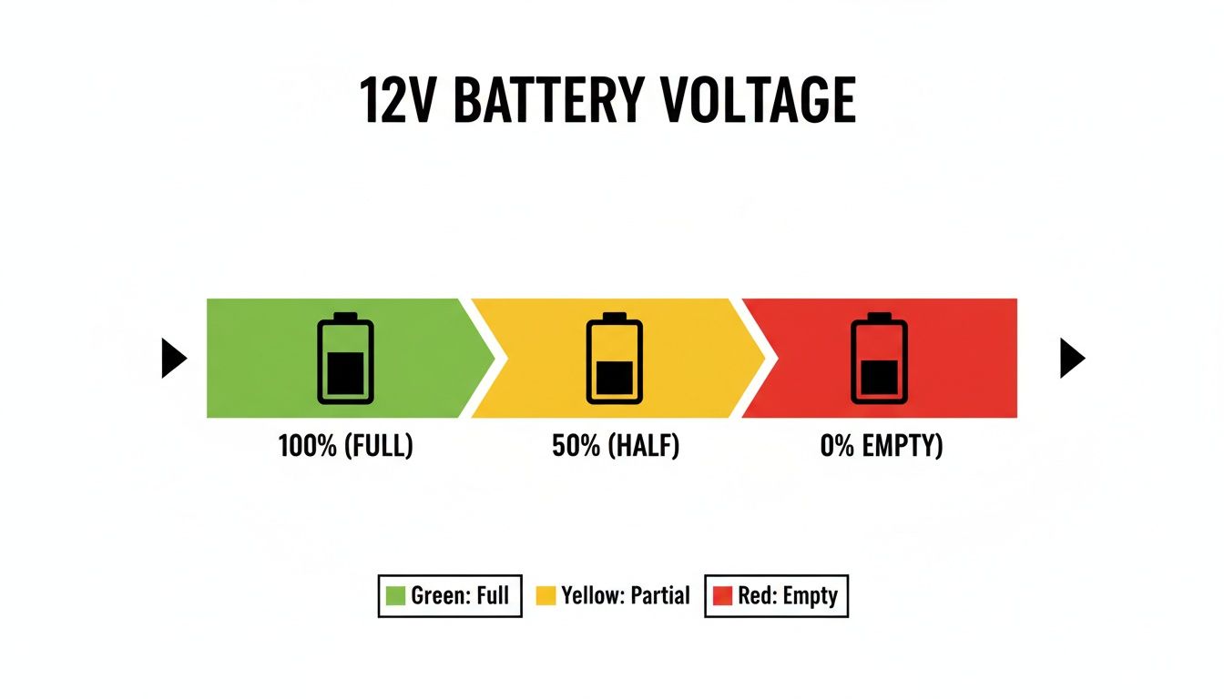 A color-coded chart illustrating 12V battery voltage levels: green for full, yellow for half, and red for empty.