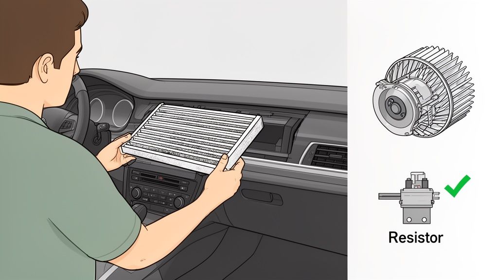 A person holding a dirty cabin air filter in a car, with diagrams of a blower motor and resistor.