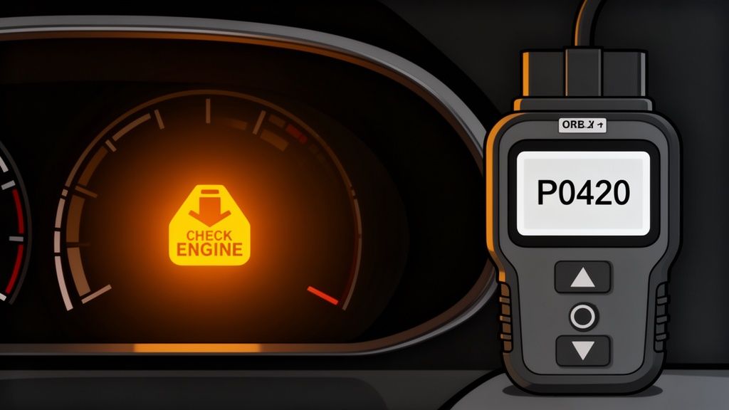 A car dashboard showing a glowing check engine light and an OBD-II scanner displaying error code P0420.