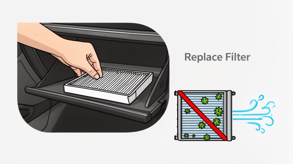 Illustration of a hand replacing a car cabin air filter and a diagram showing a dirty filter blocking contaminants.