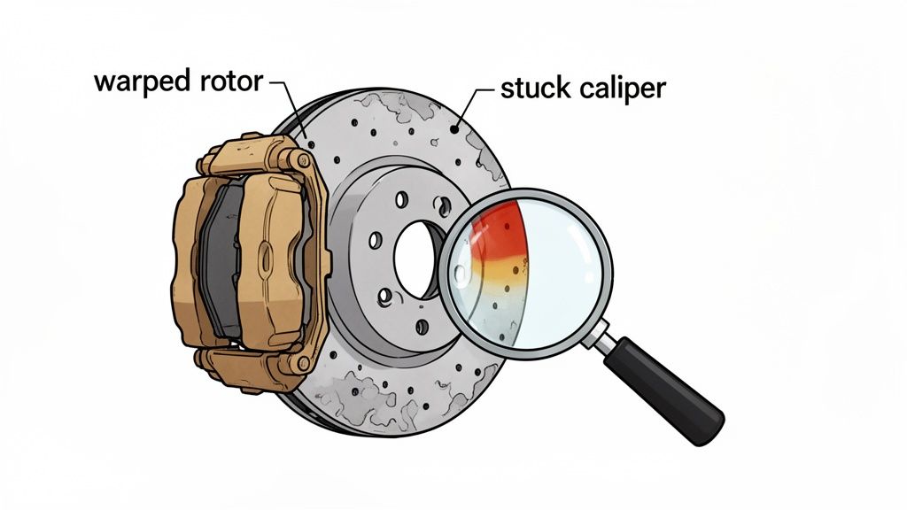 An illustration of a car's brake system showing a warped rotor and a stuck caliper with heat damage.