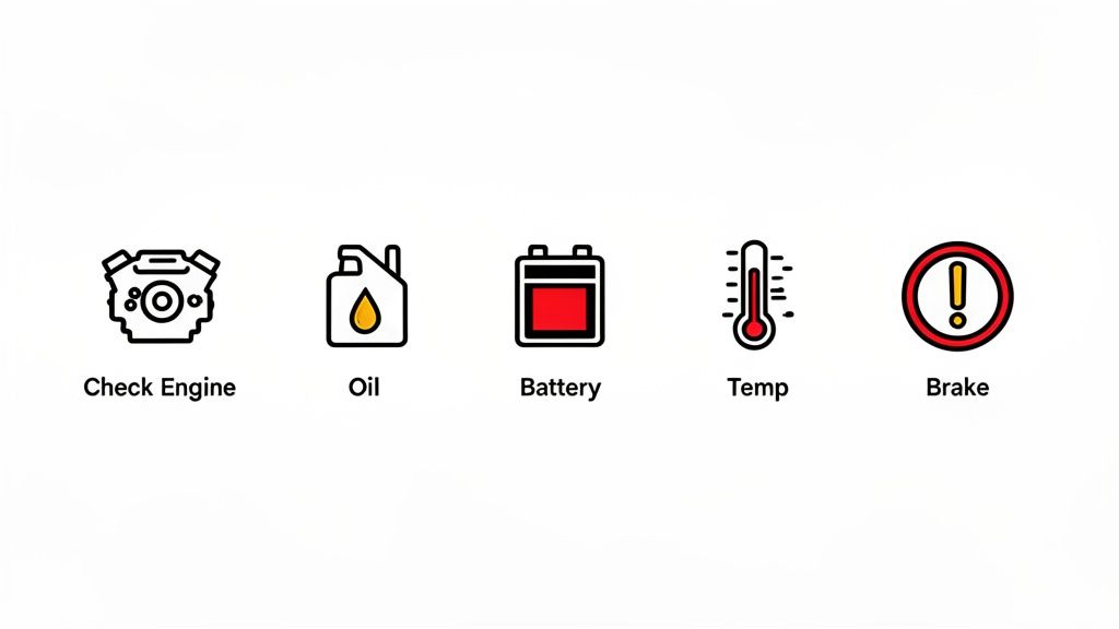 Five essential car dashboard warning lights: Check Engine, Oil, Battery, Temp, and Brake indicators.