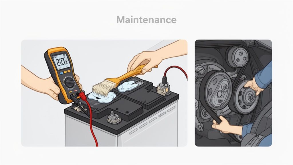 Hands perform car battery maintenance with a multimeter and clean terminals, and inspect an engine's serpentine belt.