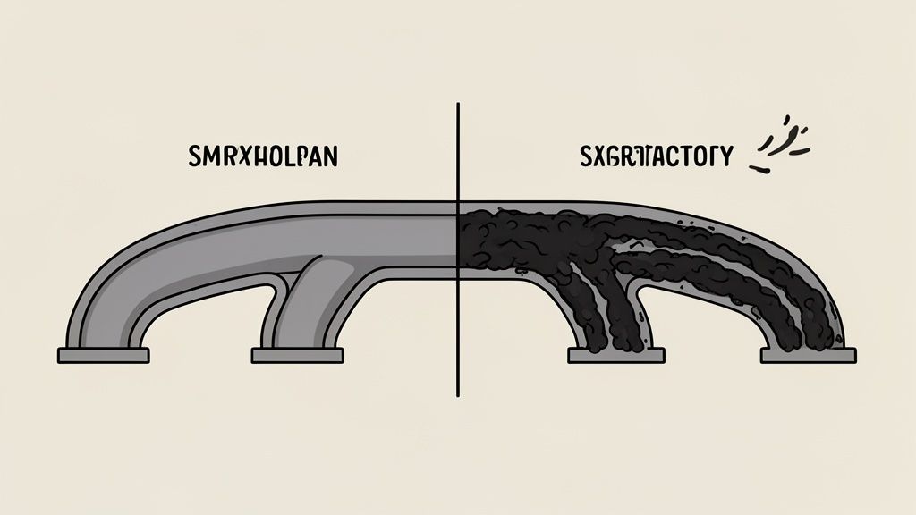 Illustration of an engine manifold, clean on the left, and heavily carbon-clogged on the right, emitting fumes.