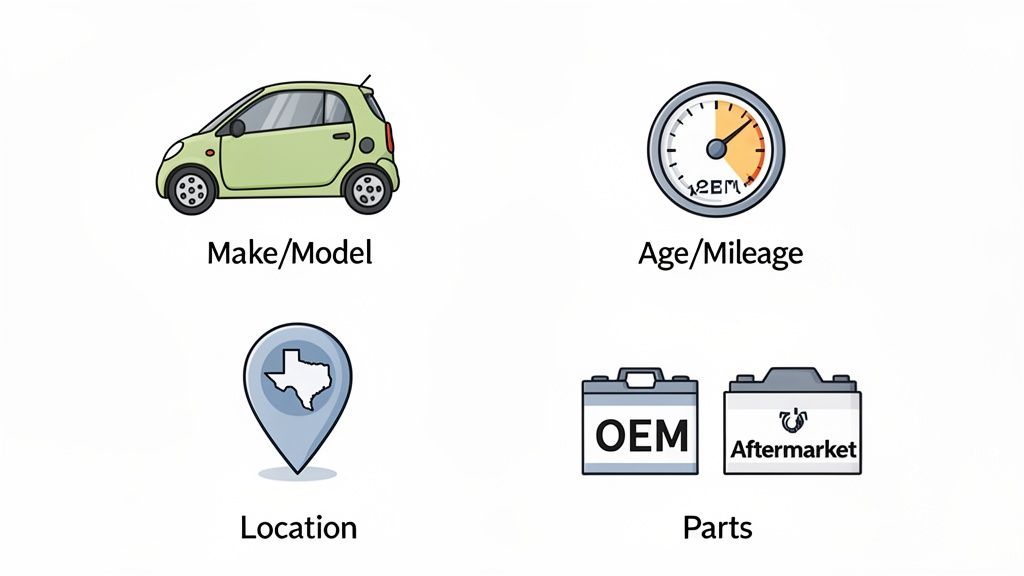 Infographic illustrating car service cost factors: vehicle make/model, age/mileage, location, and part types.