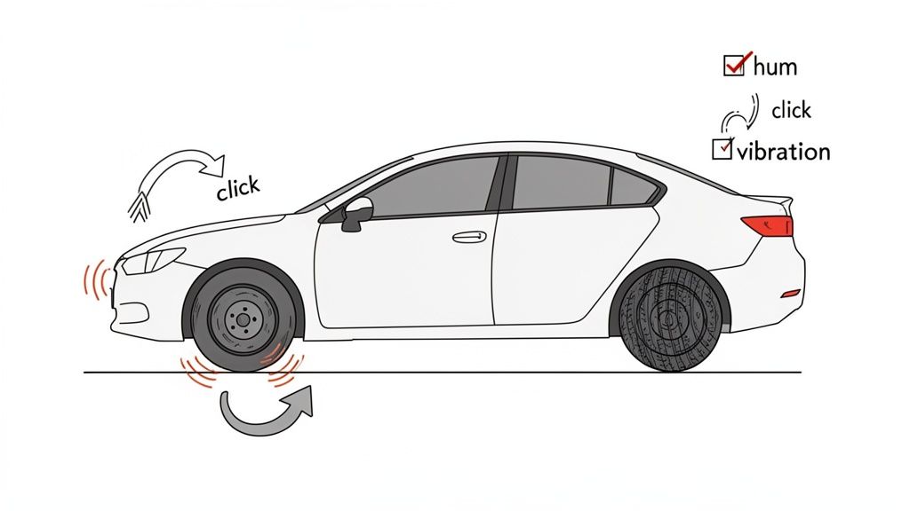 Illustration of a white car displaying common wheel bearing symptoms like vibration, clicking, and humming noises.