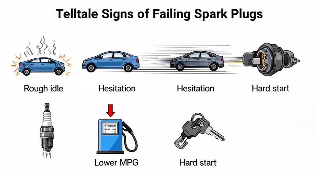 Illustrates telltale signs of failing spark plugs, including rough idle, hesitation, hard start, and lower MPG.