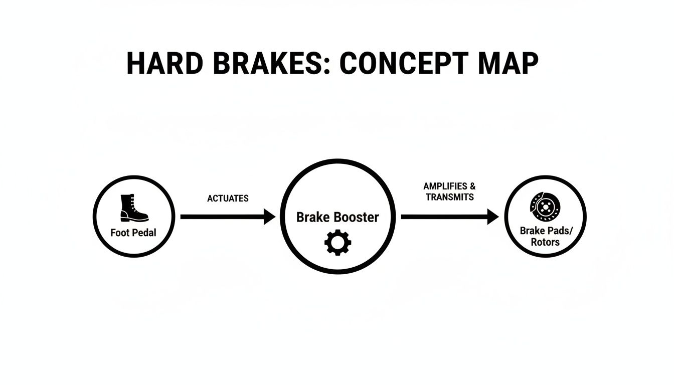 Concept map illustrating the braking system, from foot pedal actuation to brake pads and rotors.