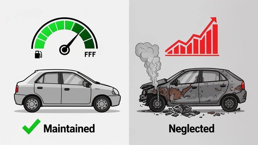 Comparison of a well-maintained car with a full fuel gauge versus a neglected, damaged, smoking car.