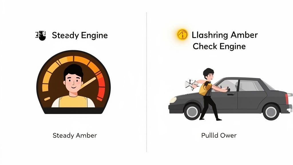 Image illustrating steady versus flashing amber check engine lights, showing normal operation and a breakdown.