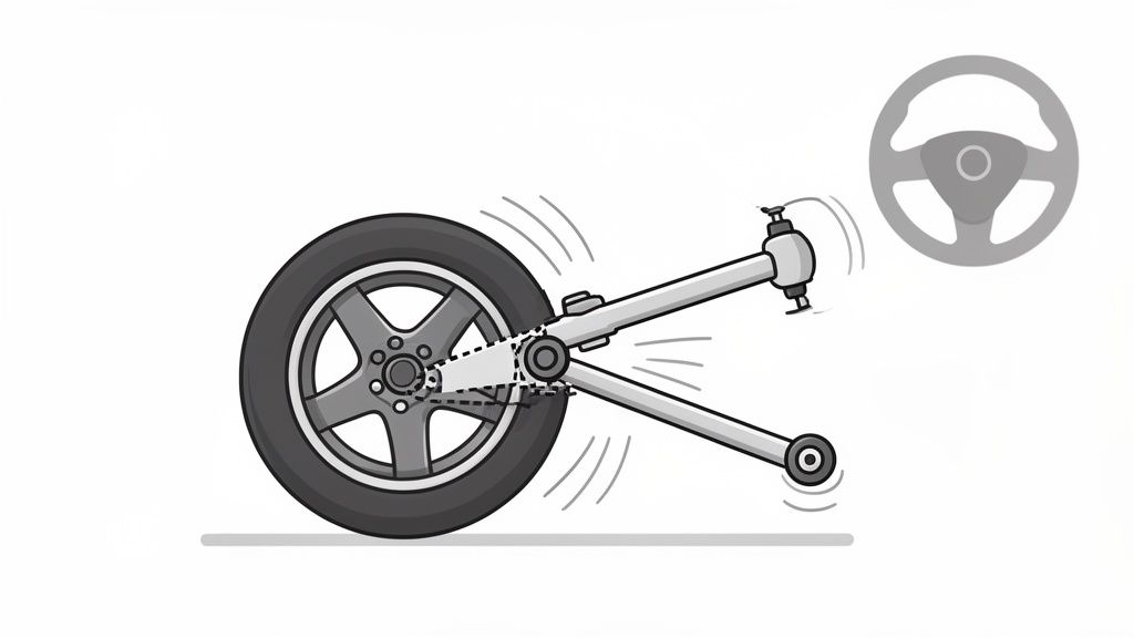 Illustration depicting a car wheel and suspension components shaking, with a faded steering wheel in the background.
