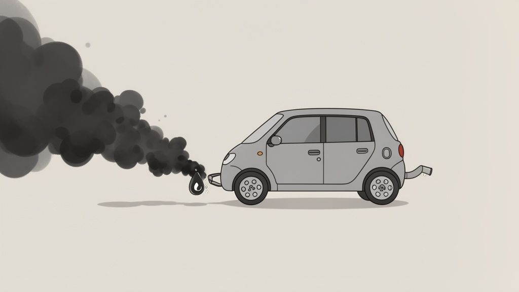 Cartoon illustration of a grey car emitting a large cloud of black exhaust smoke.