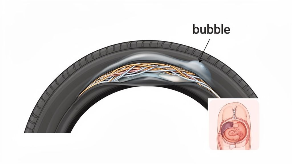 A cross-section illustration of a tire showing an internal bubble defect and exposed cord layers.