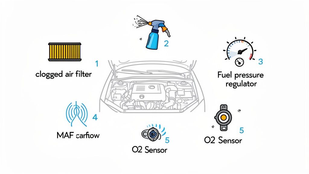 Diagram showing car engine components related to performance issues, including clogged air filter, fuel pressure regulator, MAF airflow, and O2 sensors.