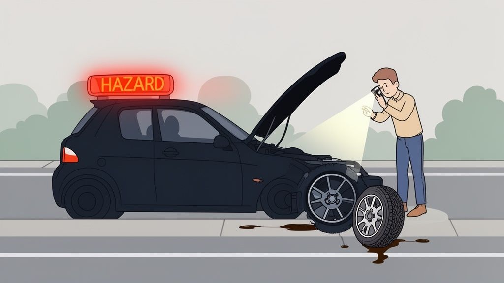 A man inspects a broken-down black car with its hood open and a 'HAZARD' sign on the roof.