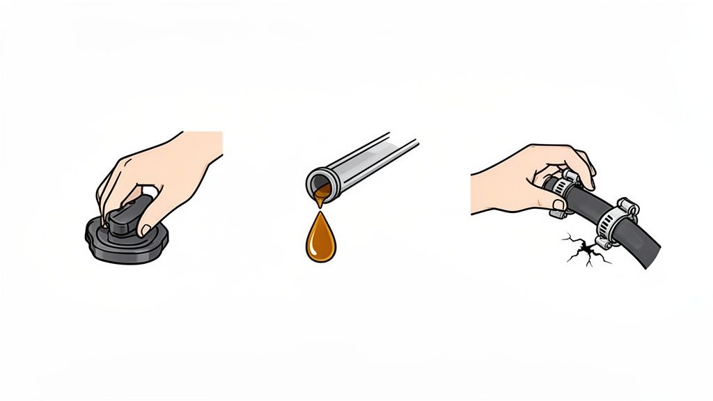 Illustrations showing a hand adjusting a cap, a dripping pipe, and a cracked hose with a clamp.