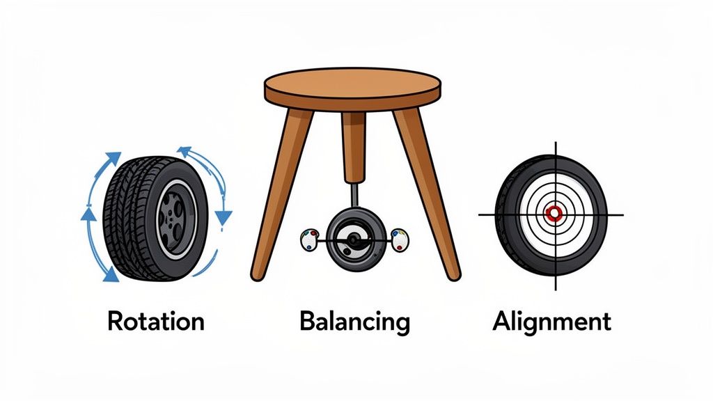 Illustrations explaining tire maintenance: rotation with arrows, balancing with a counterweight tool, and alignment with a target symbol.