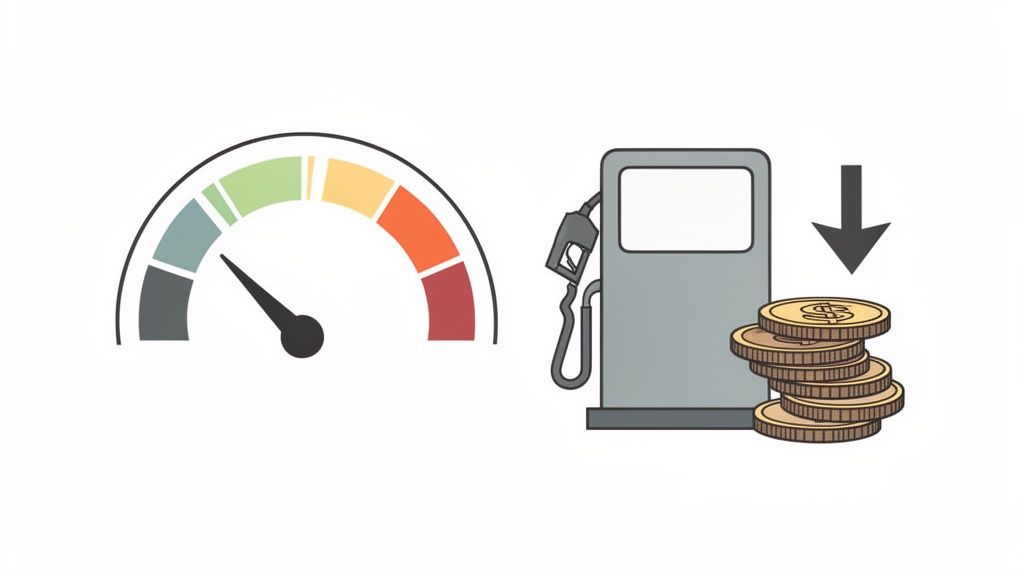 A car's efficiency gauge pointing low, a gas pump, and a stack of coins with a downward arrow, symbolizing poor fuel economy.