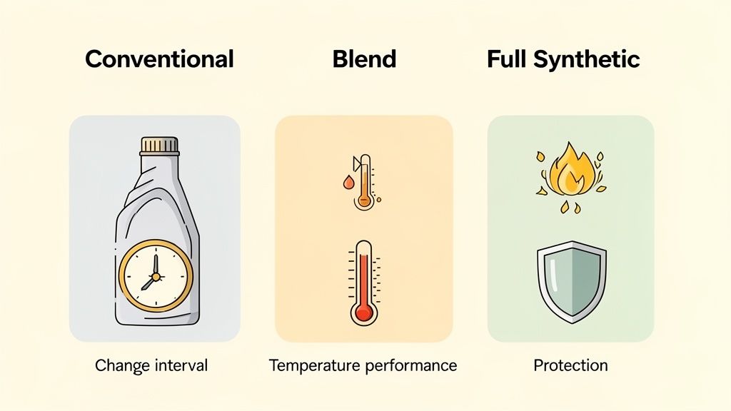 An infographic comparing conventional, blend, and full synthetic motor oils based on change interval, temperature, and protection.