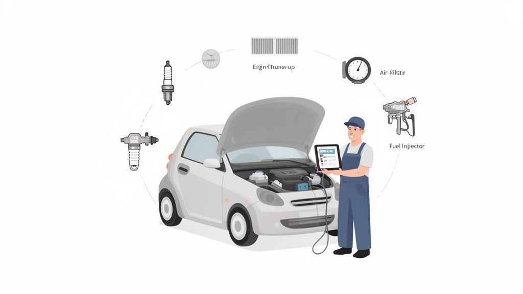 A mechanic performs an engine tune-up on a white car, using a tablet to diagnose issues, with car parts floating around.