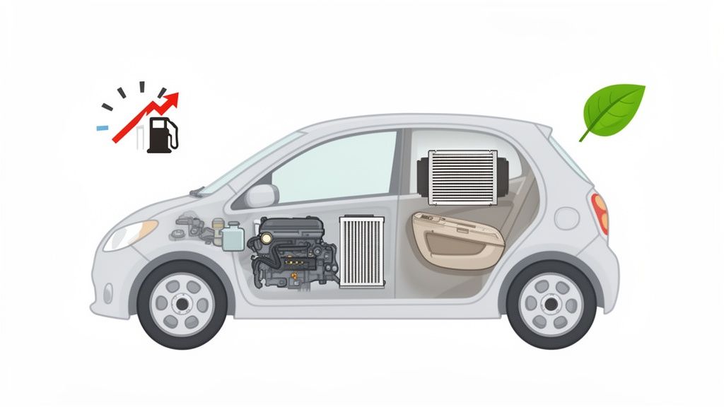Cutaway view of a car showing the engine, air filter, and cabin filter, with a rising fuel gauge and a green leaf.