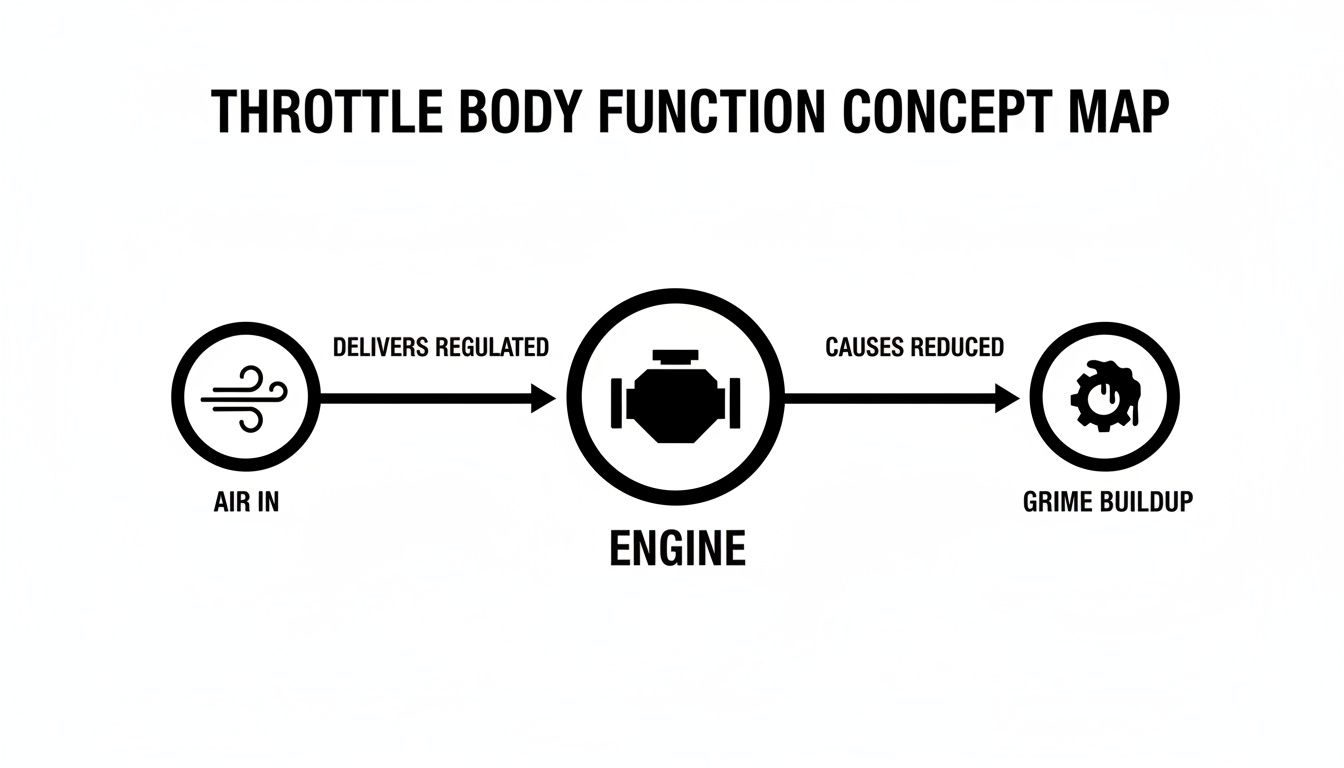 A concept map illustrates throttle body function: air flows into the engine, causing grime buildup.