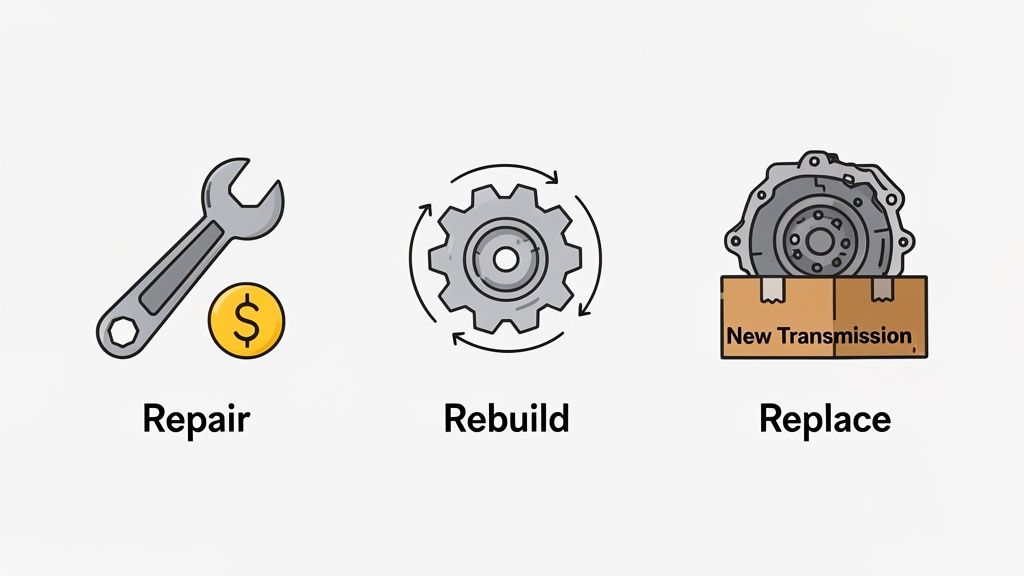 Three icons illustrating options for transmission issues: repair with a wrench, rebuild with a gear, and replace with a new transmission box.