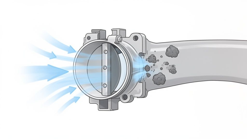 Illustration of an engine air intake with a dirty throttle body, showing air flow and carbon buildup.