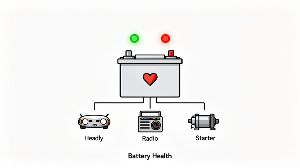 Illustration of a car battery with a heart symbol and indicator lights, connected to car headlights, a radio, and a starter, representing battery health.