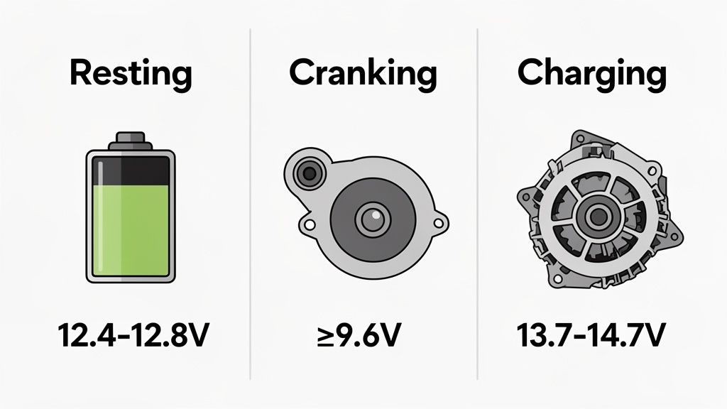 Chart displaying typical voltage ranges for automotive batteries during resting, cranking, and charging.