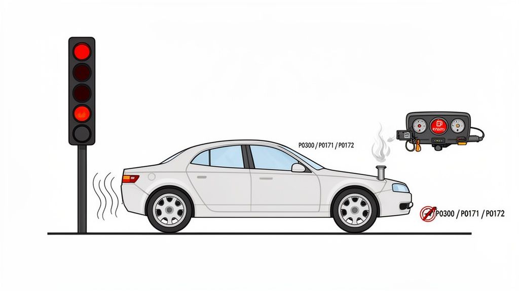 White car at red light with exhaust and engine smoke, displaying diagnostic codes P0300/P0171/P0172.