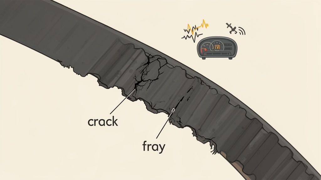 Close-up illustration of a cracked and frayed timing belt with a car dashboard warning icon.