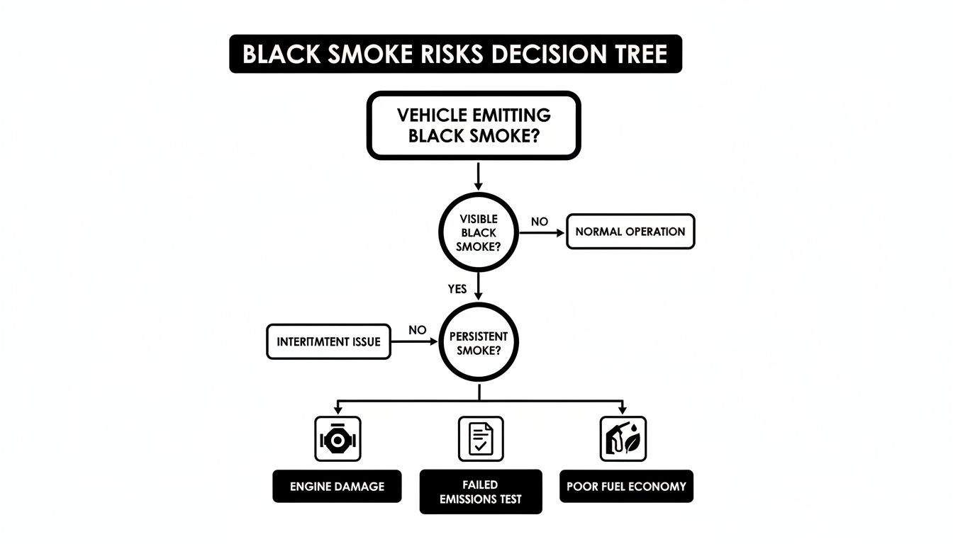 A decision tree flowchart illustrating the potential risks and diagnostic paths for black smoke from a vehicle.