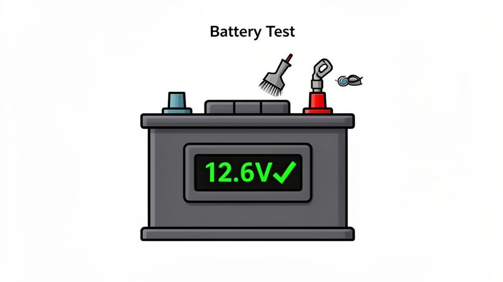 A car battery displaying '12.6V' and a green checkmark, indicating a good test, with a cleaning brush and terminal.