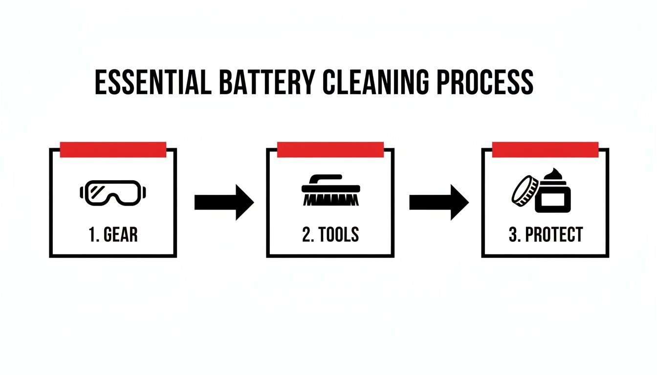 Infographic showing the essential battery cleaning process with icons for gear, tools, and protective coating application.