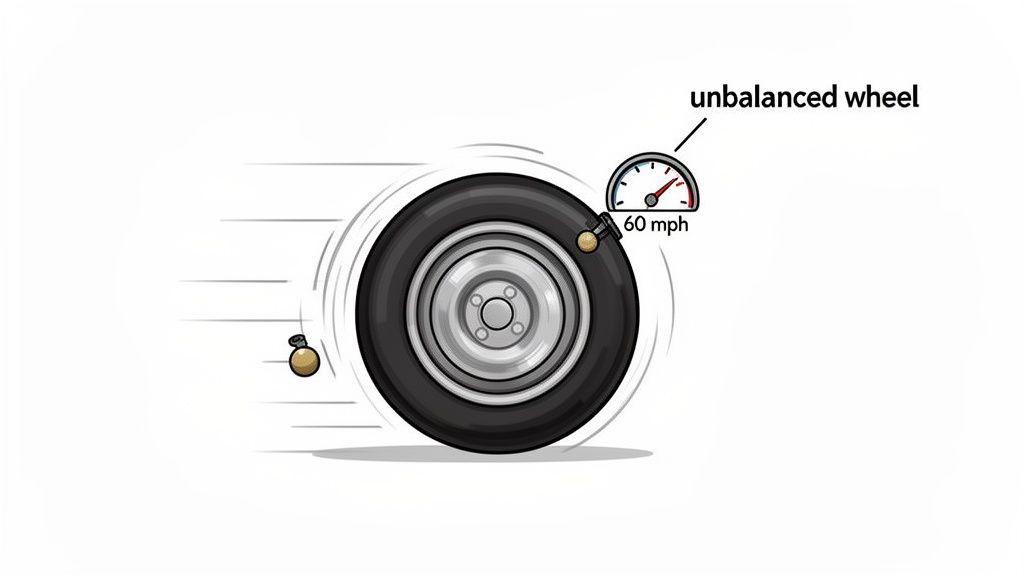 An unbalanced car wheel spins at 60 mph, showing objects vibrating off due to imbalance.
