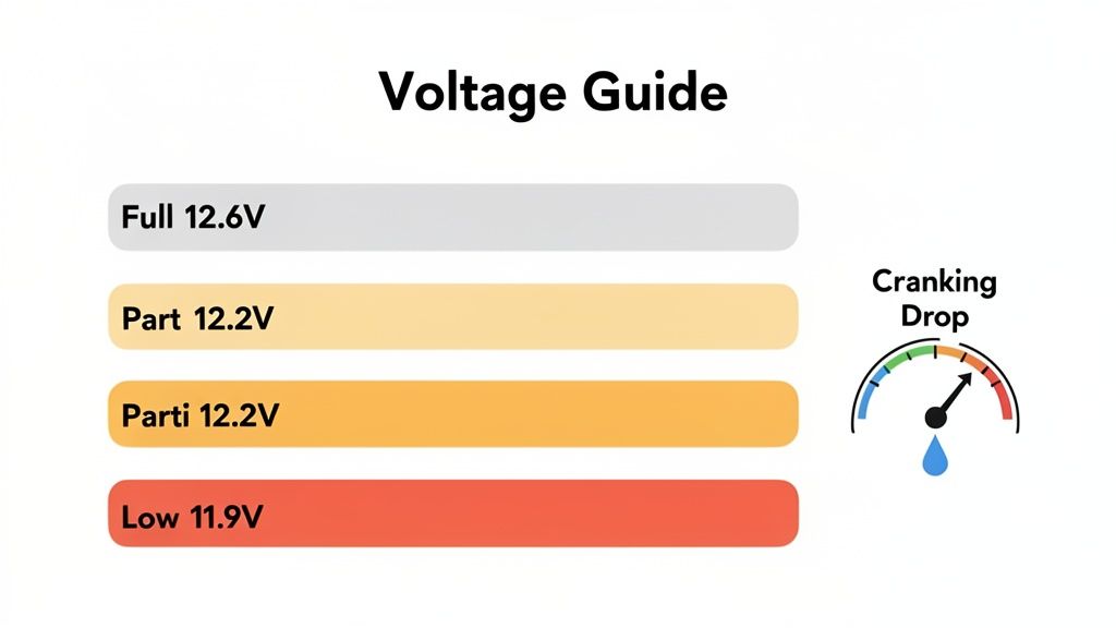 A voltage guide illustrating battery charge levels (full to low) and a cranking drop indicator.
