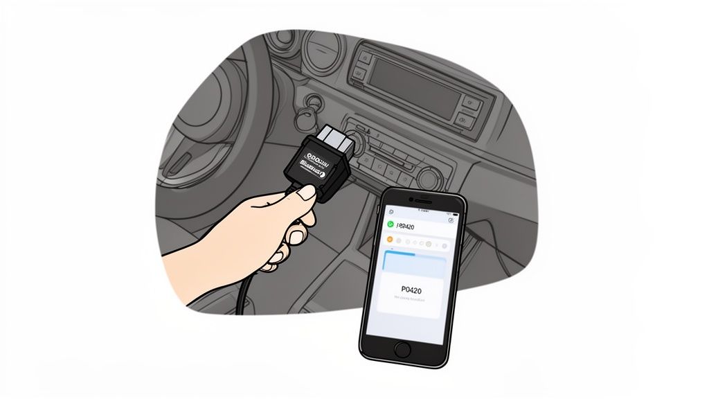 A hand connects an OBD-II scanner to a car's dashboard, showing a P0420 check engine light code on a phone.