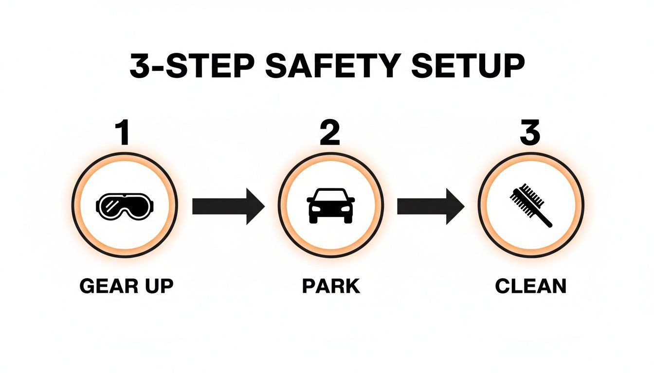 A 3-step safety setup guide with icons for Gear Up (goggles), Park (car), and Clean (brush).