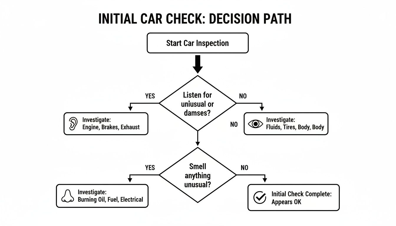 Flowchart for an initial car check, guiding users through sound, sight, and smell inspections.