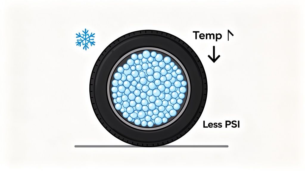 A diagram illustrates a tire filled with air molecules, showing reduced pressure in cold weather.
