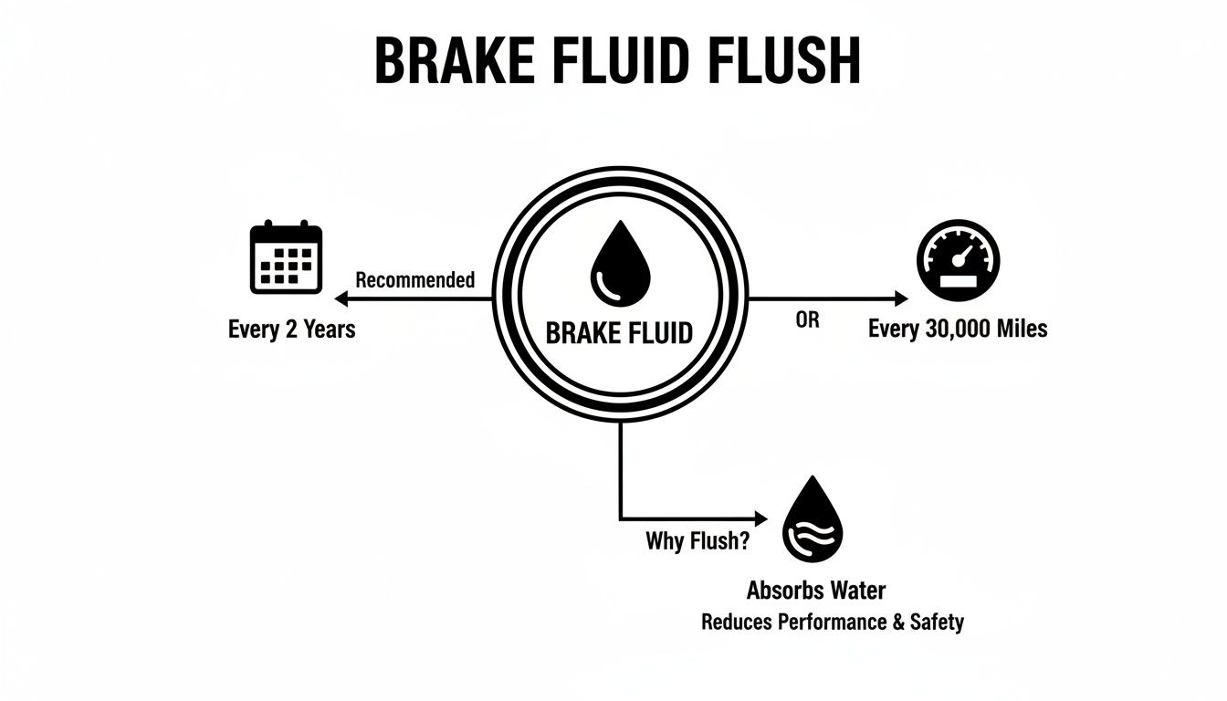 Infographic detailing brake fluid flush frequency: every 2 years or 30,000 miles, preventing water absorption reducing safety.