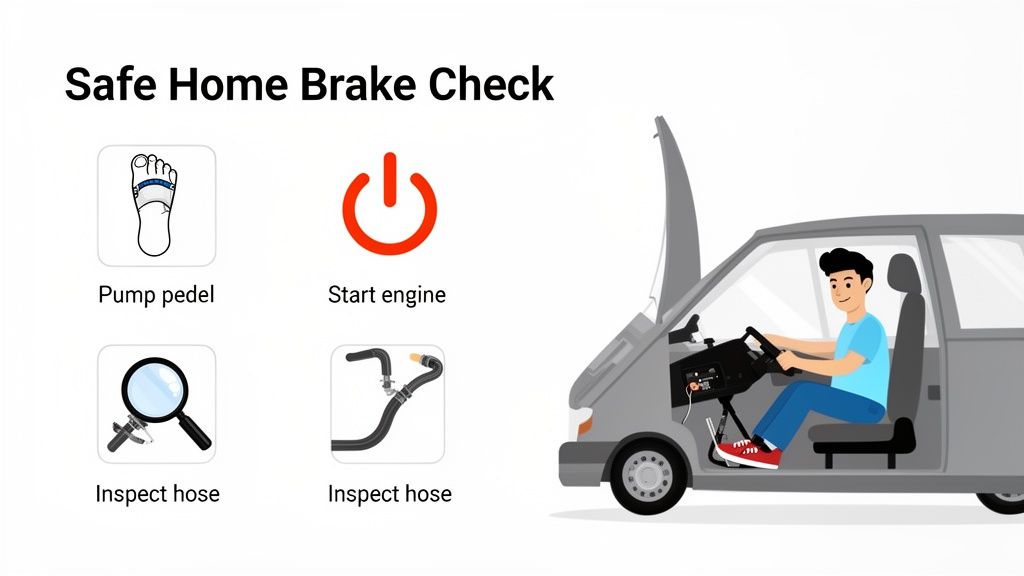 Illustration of a safe home brake check showing steps: pump pedal, start engine, and inspect hoses.