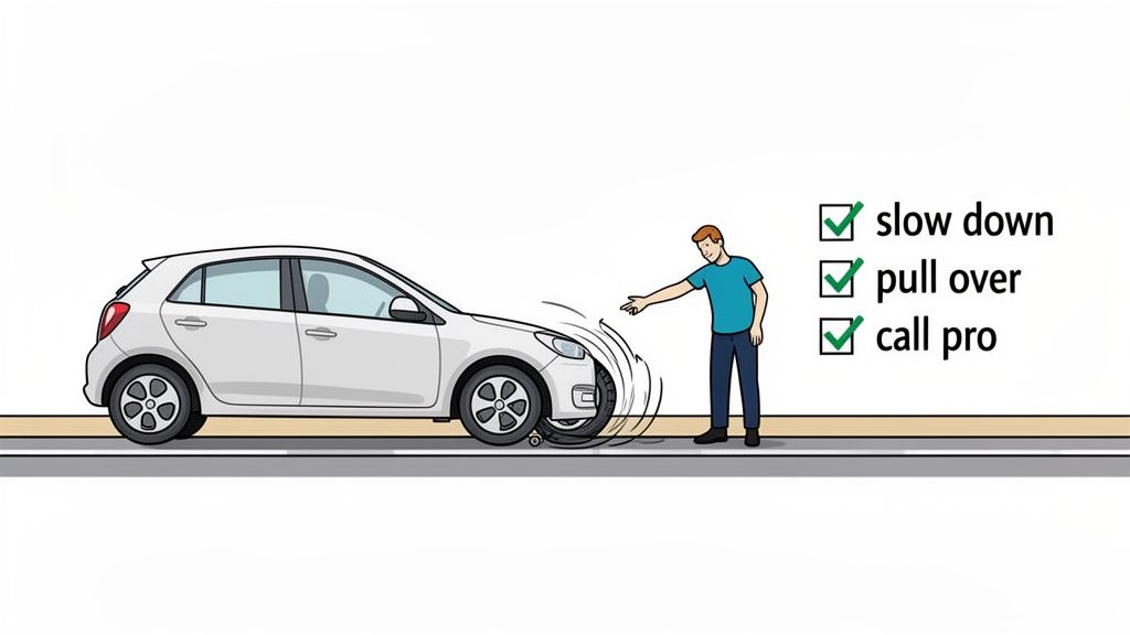A man points at a car's front tire with a bubble, next to a checklist for car problems.
