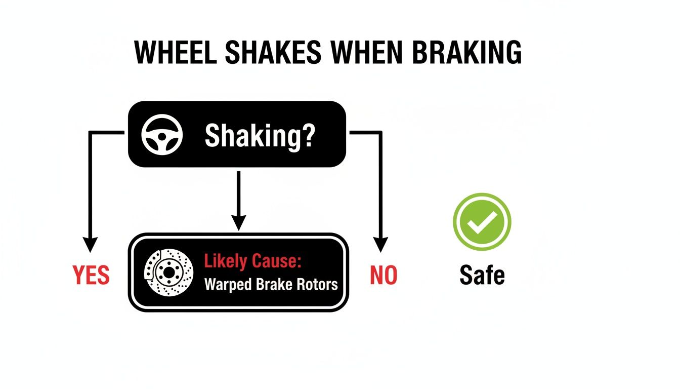 Flowchart diagnosing wheel shaking when braking, indicating warped brake rotors as a likely cause.