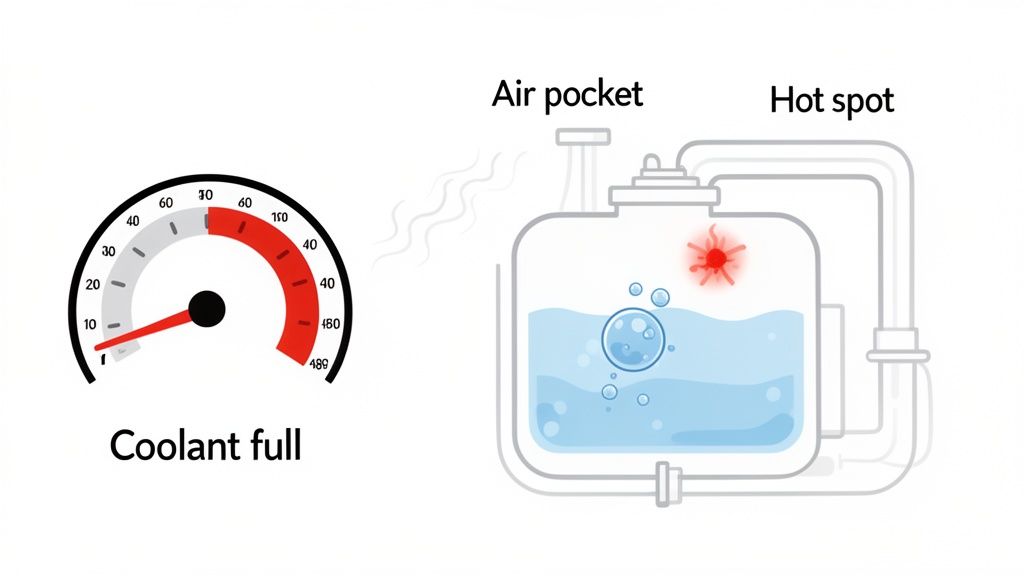Diagram illustrating an automotive cooling system with an air pocket, hot spot, and coolant gauge.