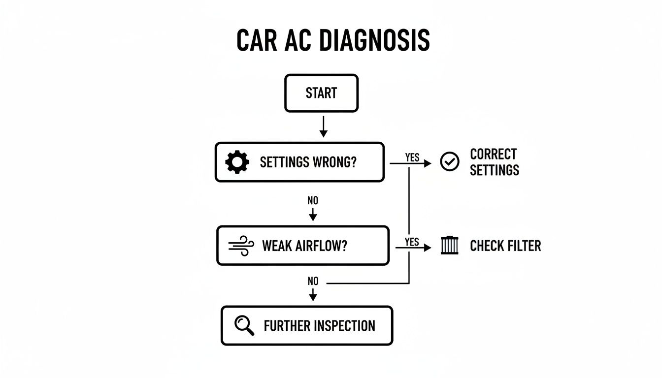 A car AC diagnosis flowchart, guiding users through troubleshooting steps for common AC problems.