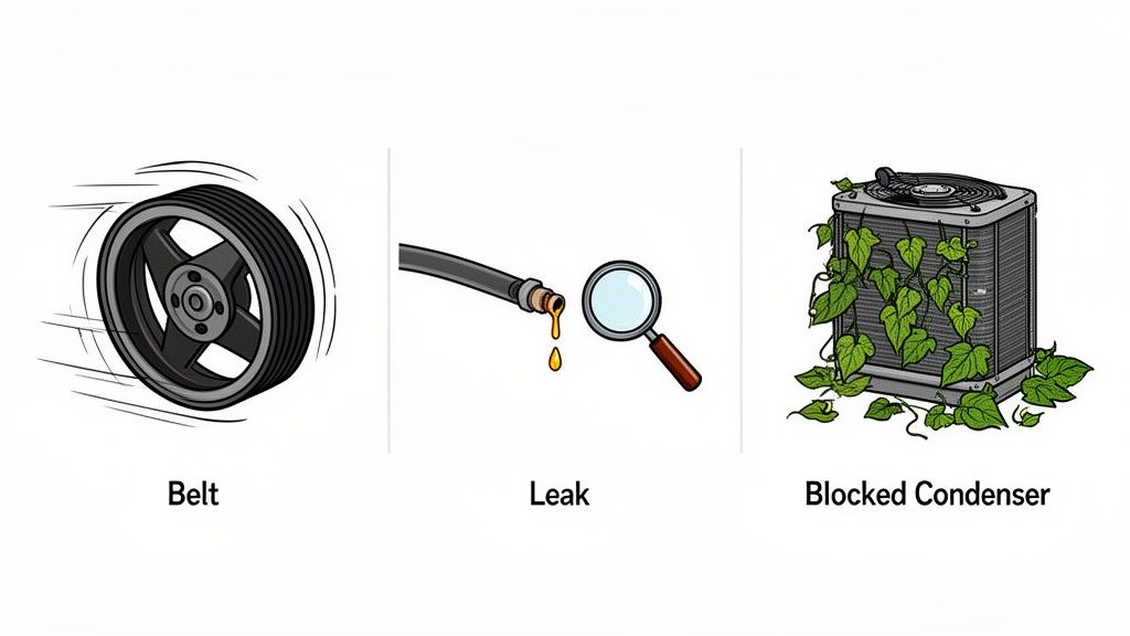 Illustrations of a spinning belt, a leak from a hose, and a blocked outdoor AC condenser unit.