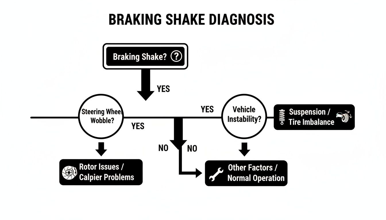 Flowchart for diagnosing braking shake in a vehicle, detailing steps for steering wheel wobble and vehicle instability.